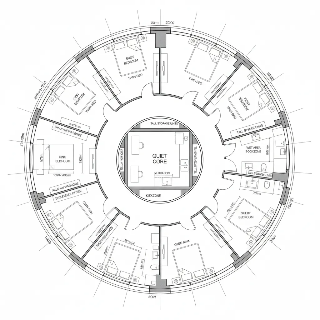 Circular floor plan design featuring multiple bedrooms surrounding a central meditation room and quiet core
