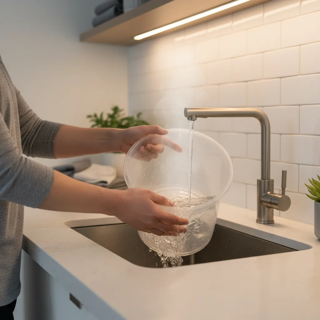 Person rinsing plastic bathroom cleaning bucket with hot water in utility sink