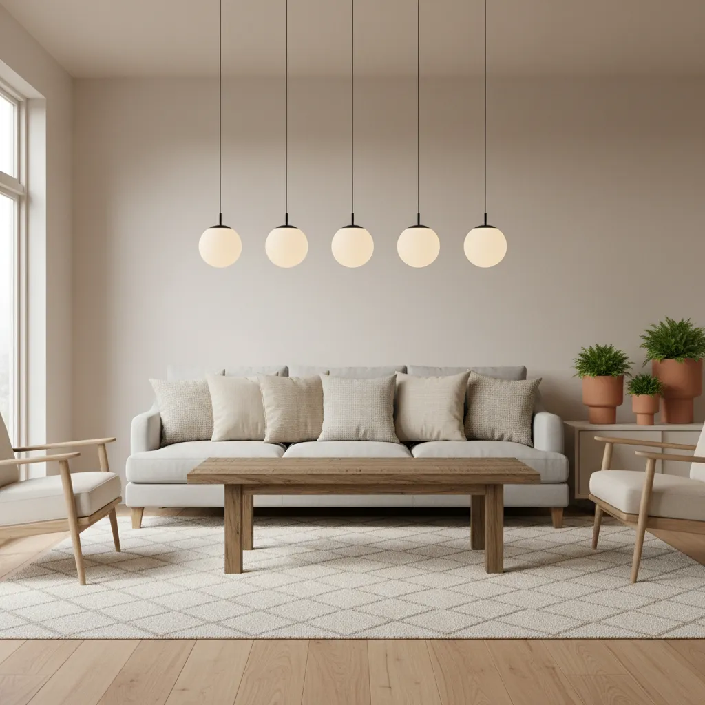 Sala con cojines y lámparas repetidas creando patrón visual