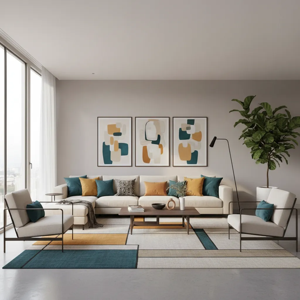 Salón con distribución equilibrada y repetición de colores