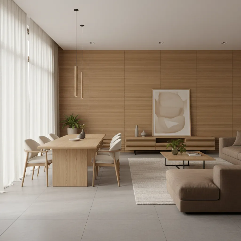 Interior con repetición de materiales y colores creando ritmo visual