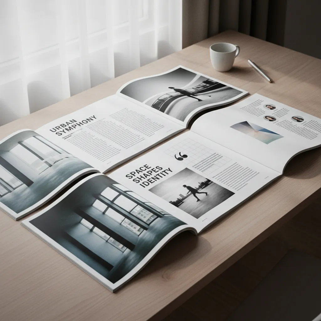 Varias páginas de revista mostrando ritmo visual con imágenes grandes y páginas de texto