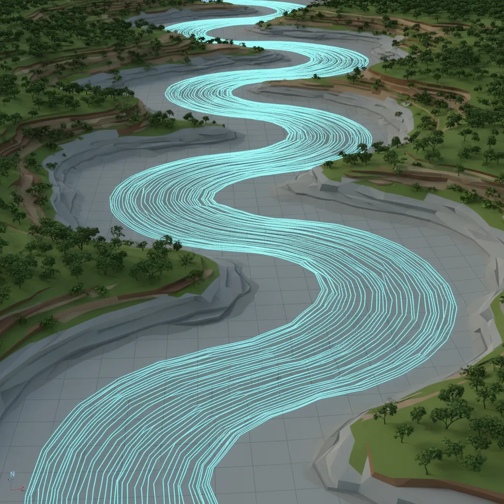 wireframe river mesh topology showing clean edge flow in a 3D river model