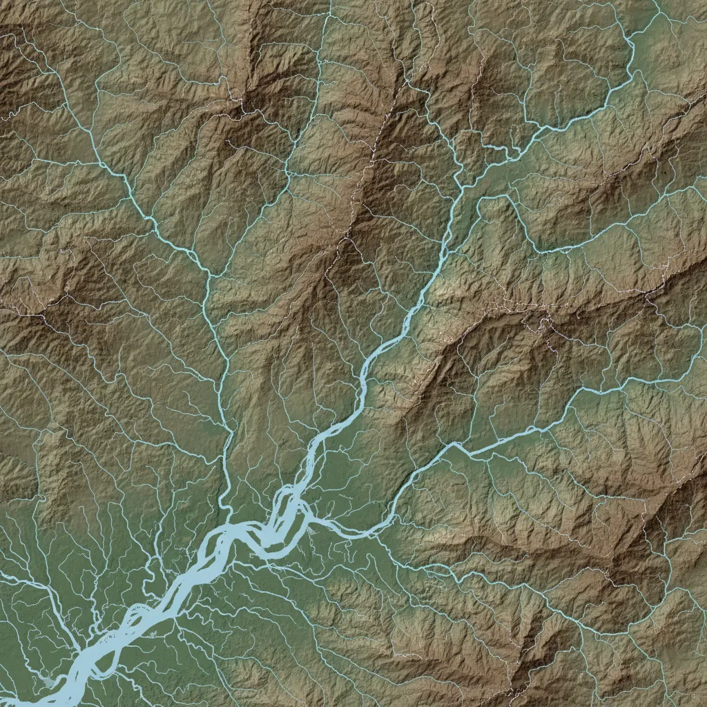 hydrological river network dataset overlay on terrain map