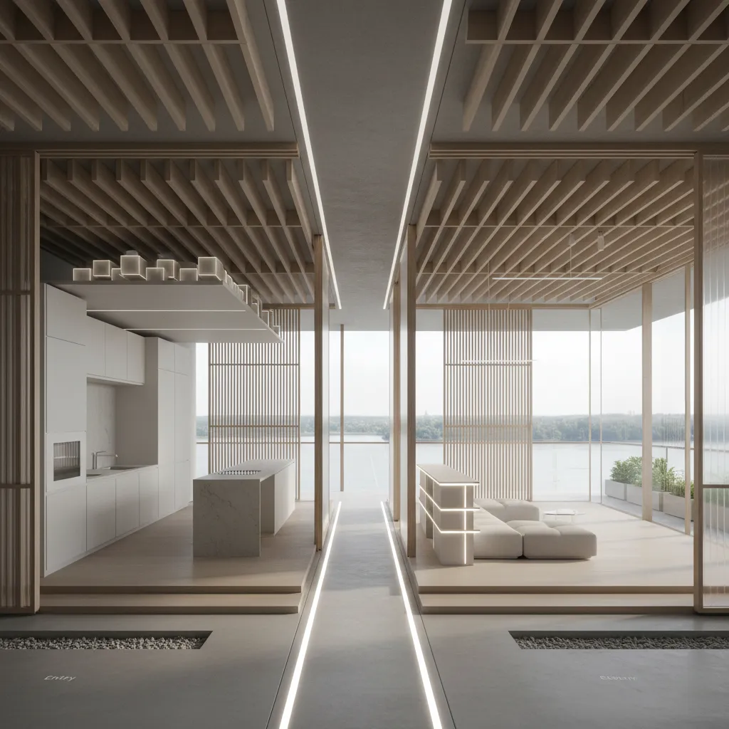 Modern minimal interior design with kitchen island white sofa wood flooring and large river view windows