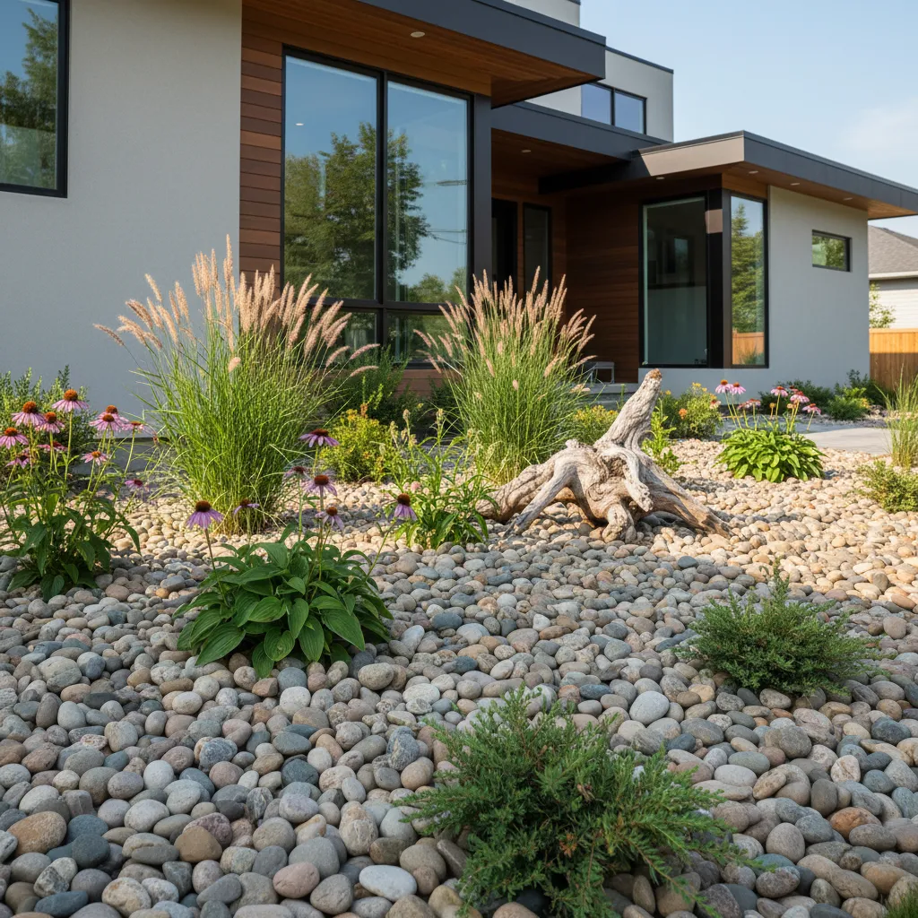 Decorative river rock landscaping bed with plants and edging