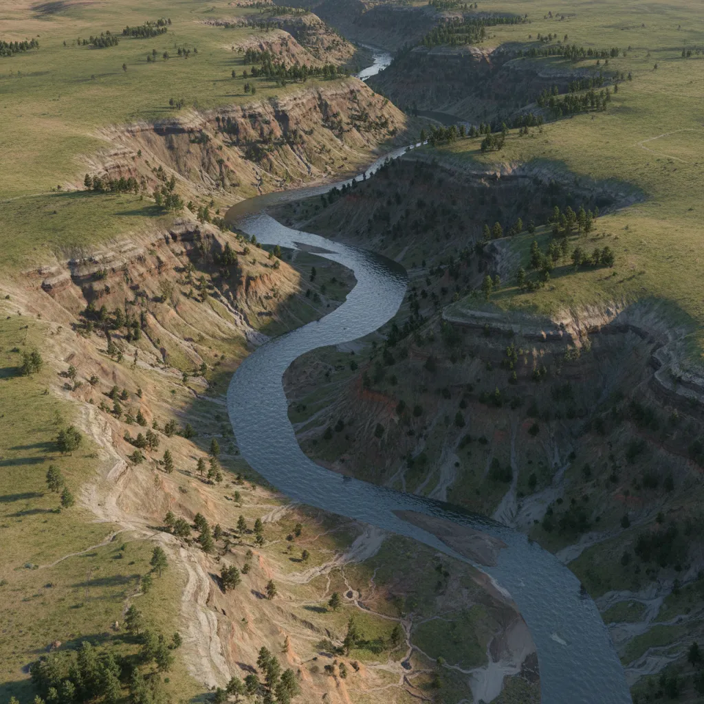 3D terrain model showing river flowing through valley landscape