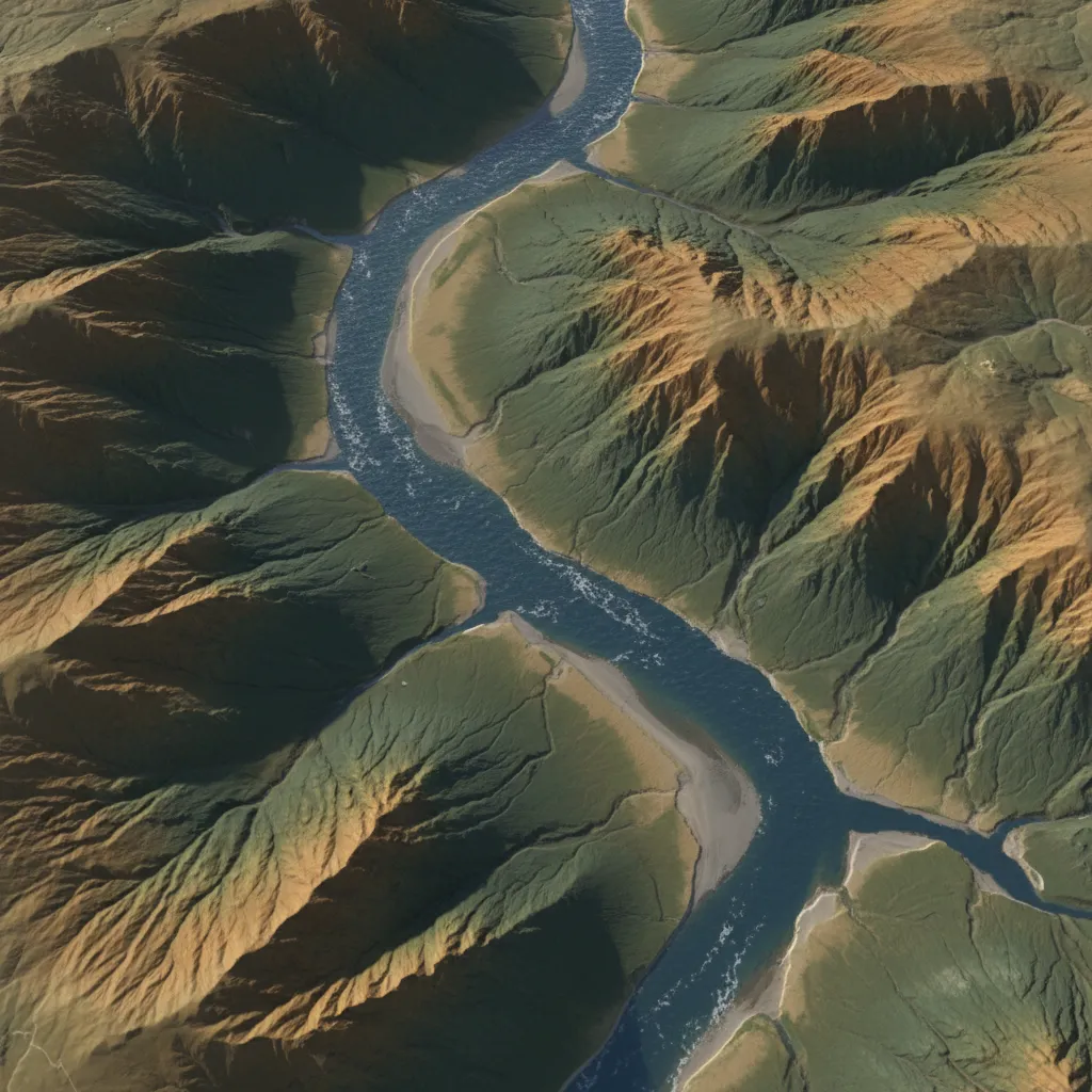 3D terrain model showing river system with elevation and watershed landscape