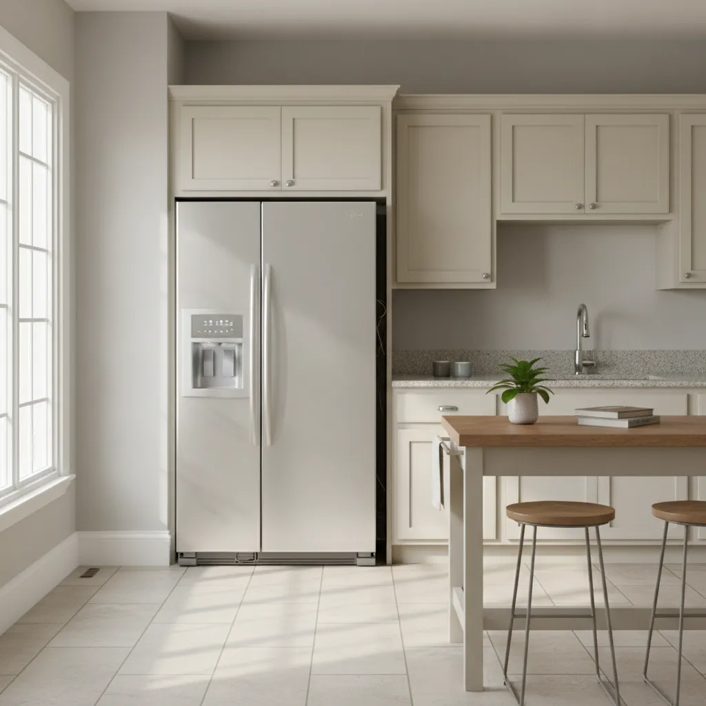 Kitchen appliances pulled slightly from wall showing hidden gaps where cockroaches hide