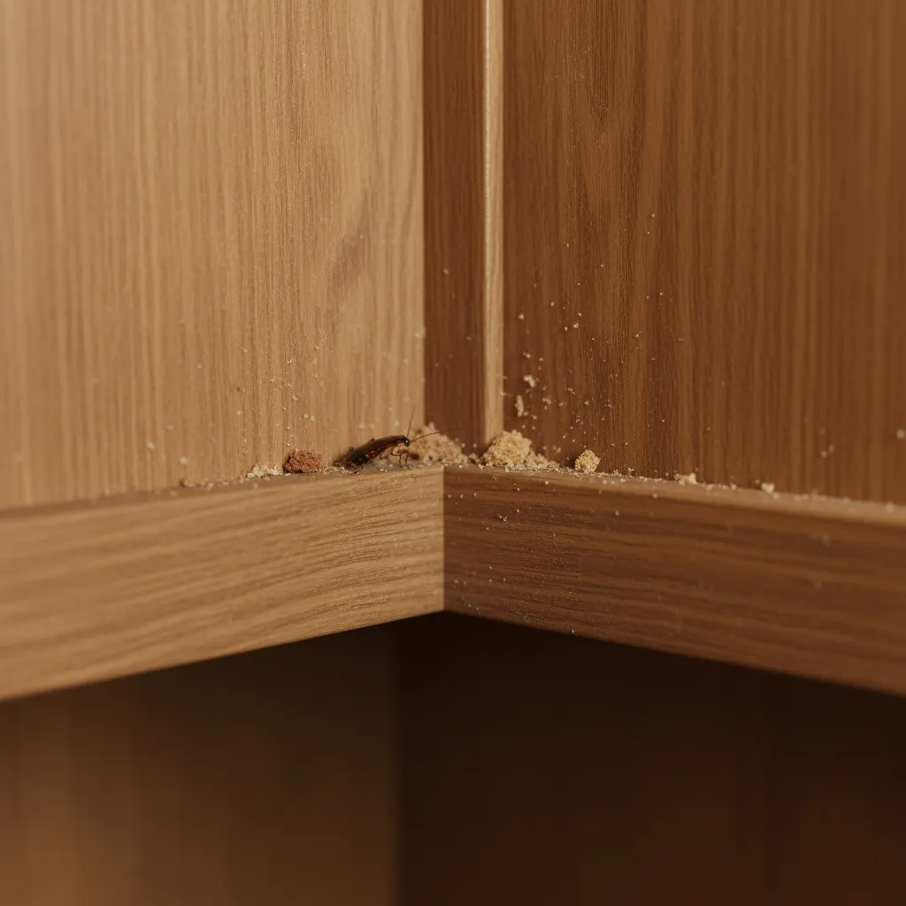 Small German cockroach inside a kitchen cabinet corner