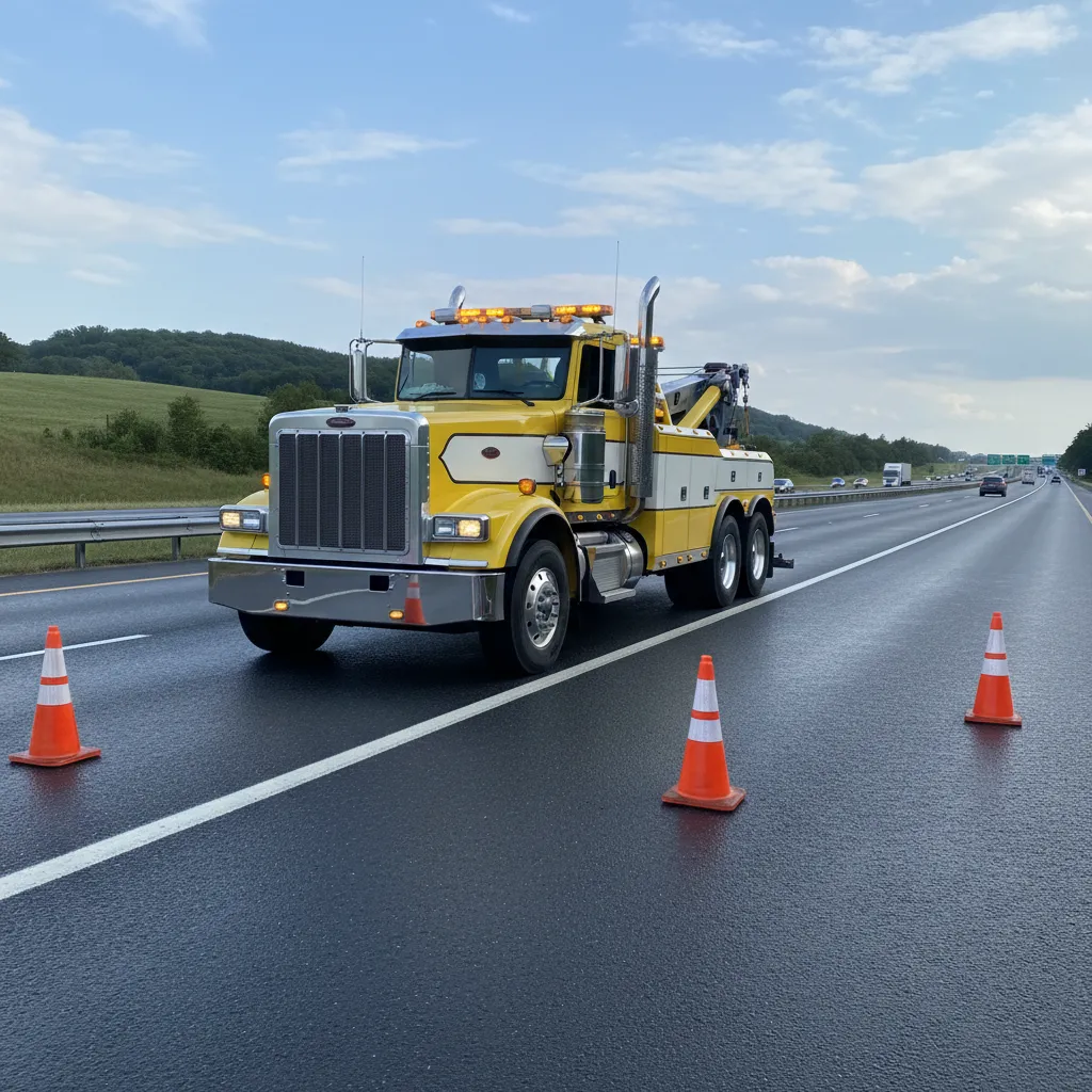 Tow truck using amber flashing warning lights on roadside