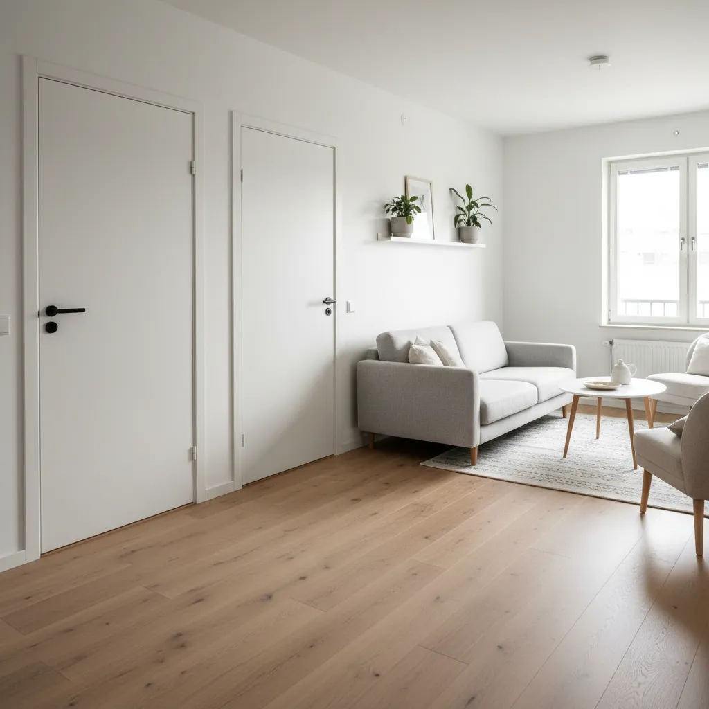 Suelo de tarima roble claro combinado con puertas blancas
