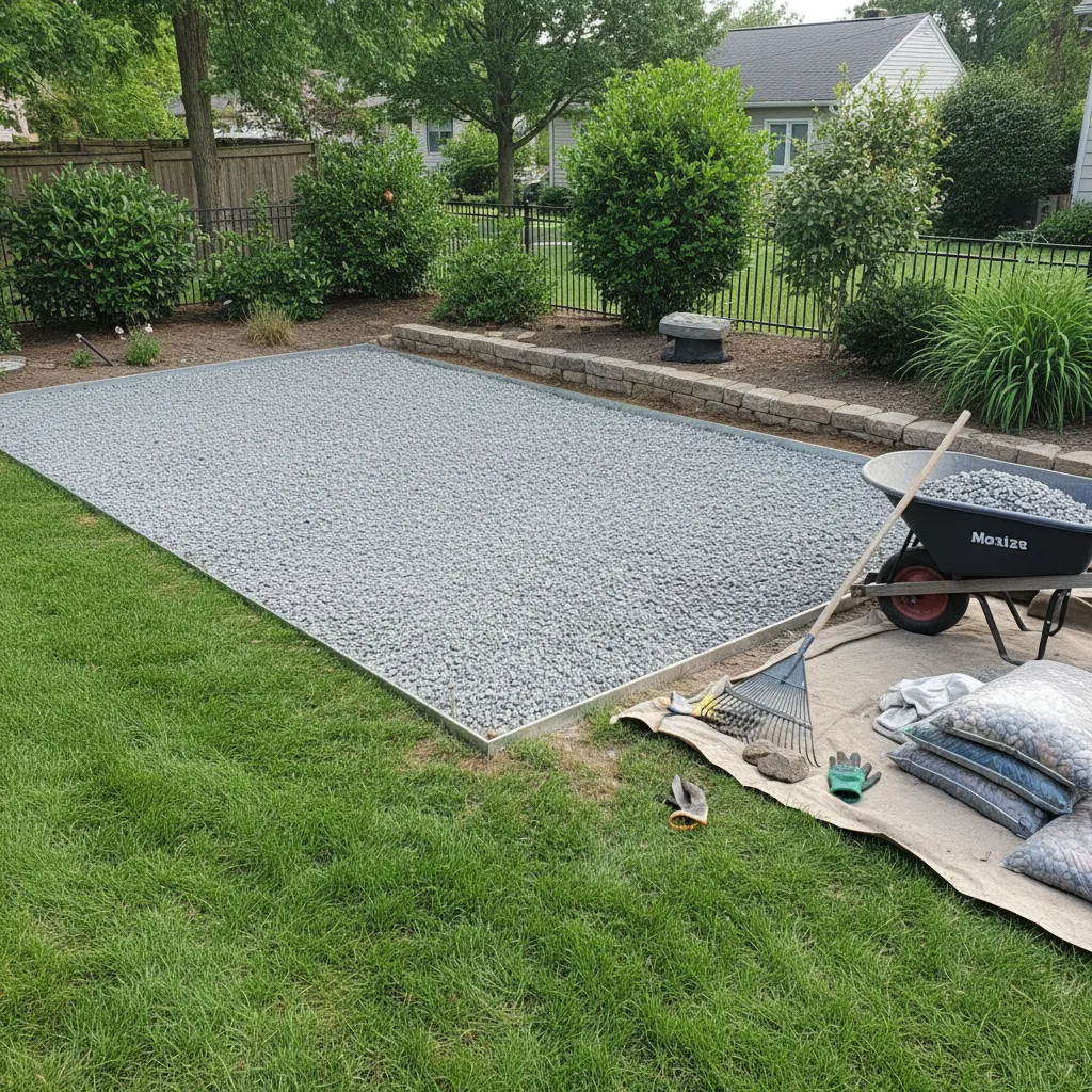 garden bed with exposed gravel drainage layer before decorative rocks are installed