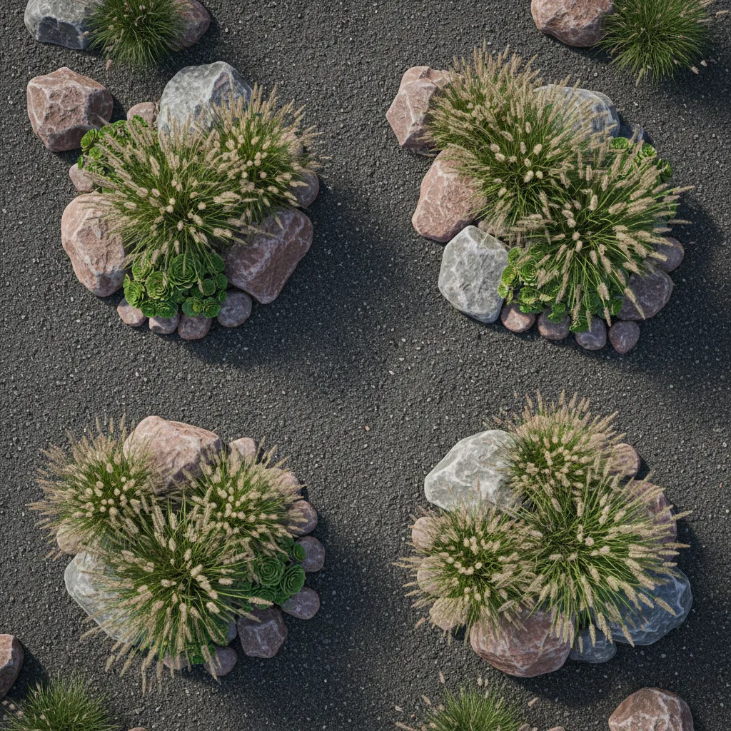 Rock garden plant spacing with decorative stones and clusters of plants