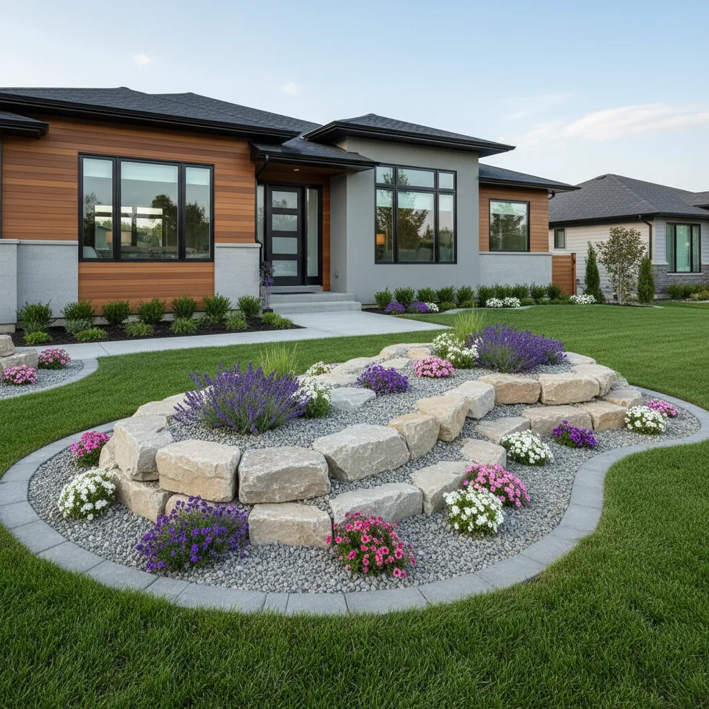 Modern house with wood panels featuring layered rock flower bed with purple and pink flowers