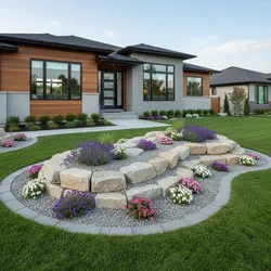 Modern house with wood panels featuring layered rock flower bed with purple and pink flowers