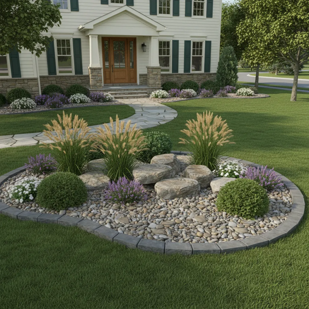 Front yard rock flower bed layout with curved design and shrubs