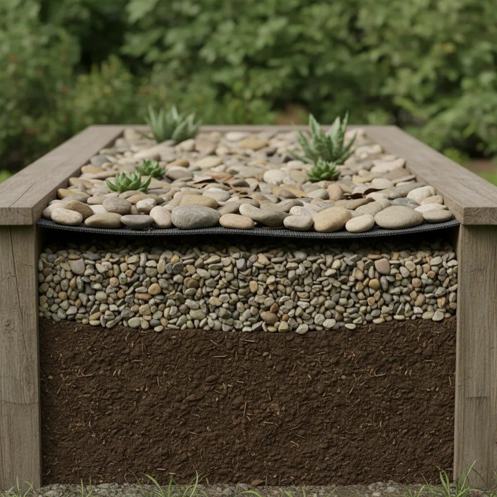 cross section of rock flower bed layers showing soil base gravel layer landscape fabric and decorative stones