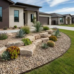 Modern house front yard landscape with large tan rocks green succulents small pebbles and grass