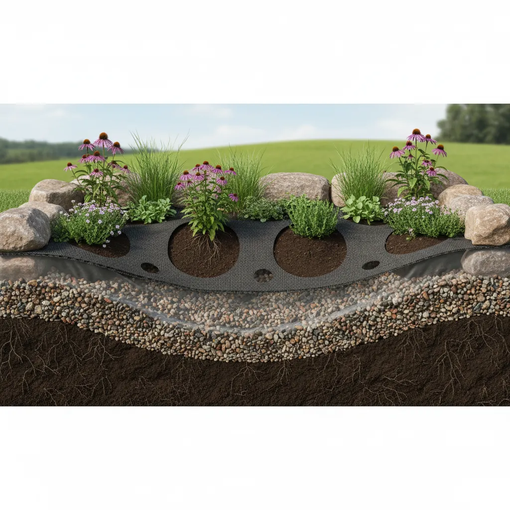 Layered rock flower bed installation showing gravel, soil, and decorative stone