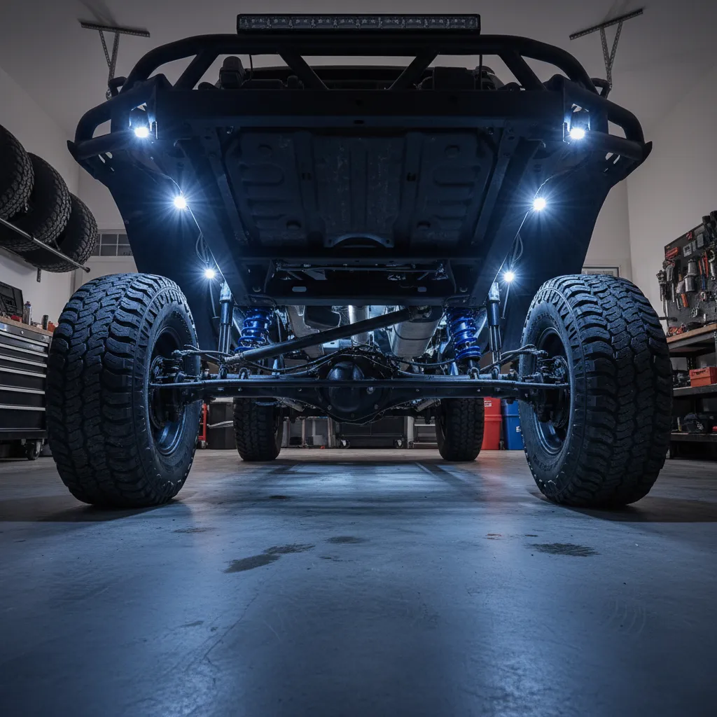 off-road truck underbody LED rock lights installed along frame rails