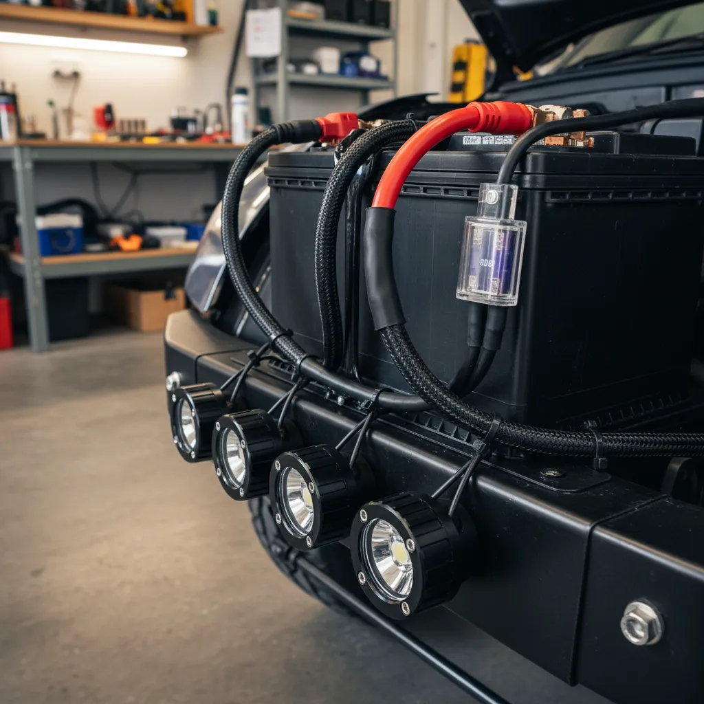 rock light wiring harness connected to vehicle battery with inline fuse