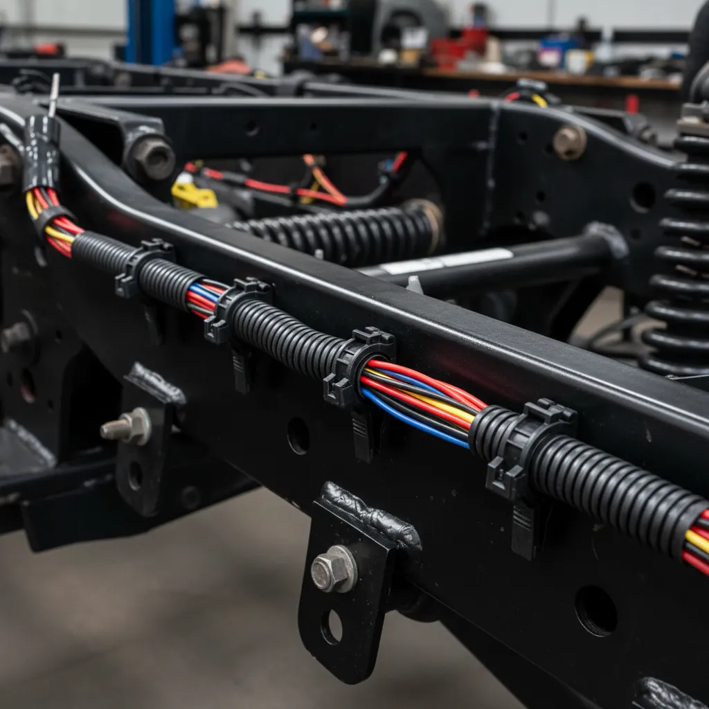 Protected wiring harness routed along frame rail for rock light installation