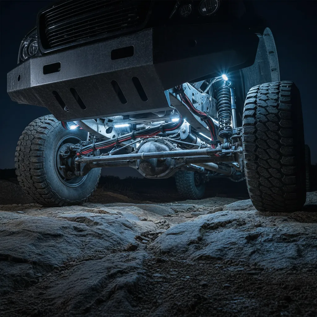 LED rock lights installed under an off-road truck chassis with visible wiring