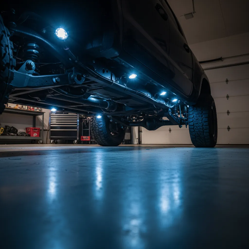 LED rock lights mounted under an off-road truck frame