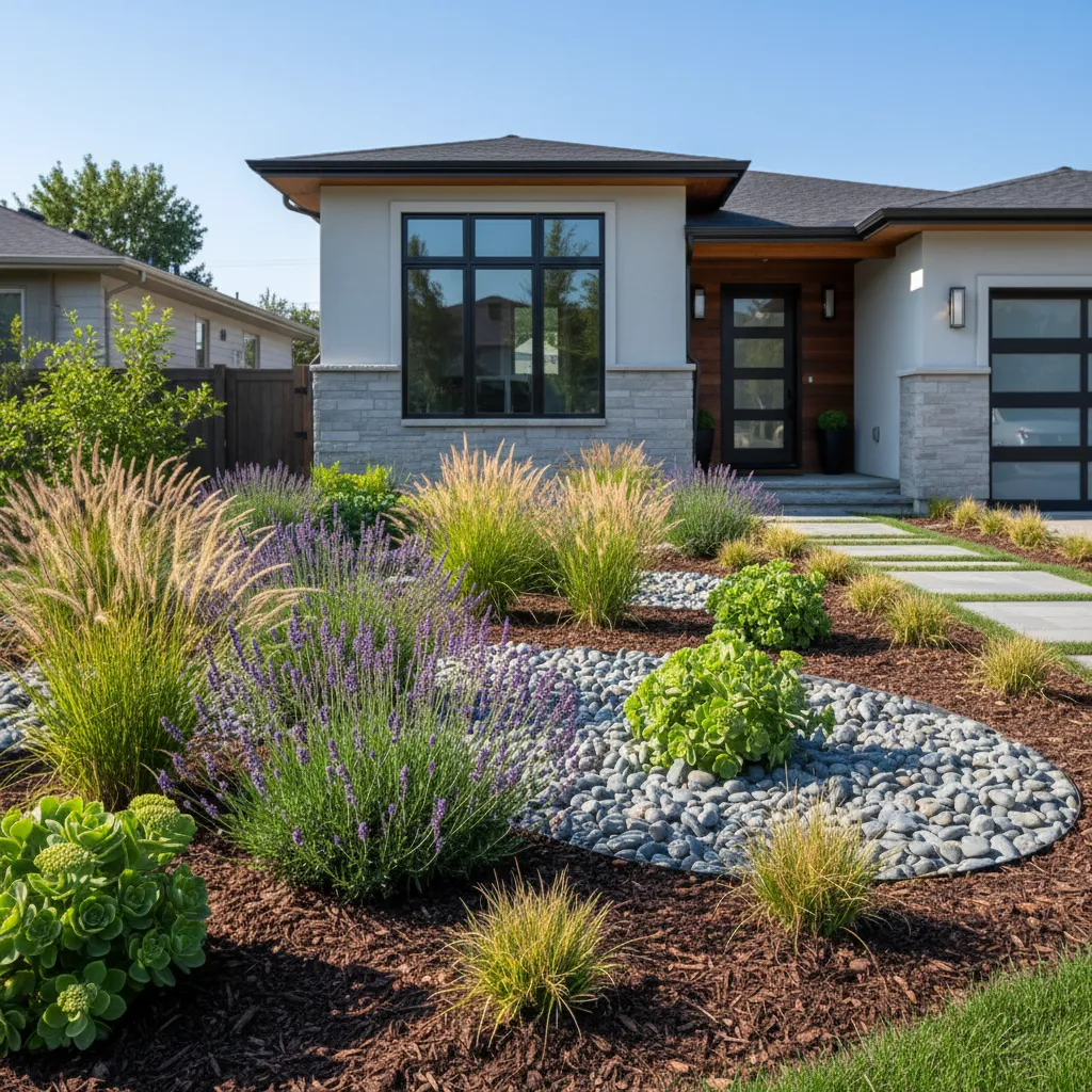 Front yard garden bed combining decorative rocks mulch and drought tolerant plants