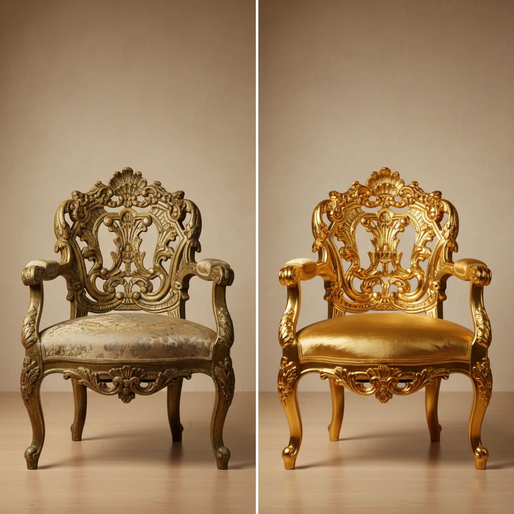 Comparison of glossy gold vs antique gold Rococo furniture finishes