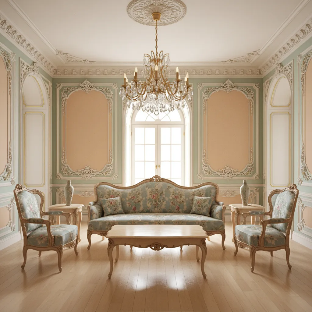 rococo inspired living room with ornate sofa and decorative wall molding