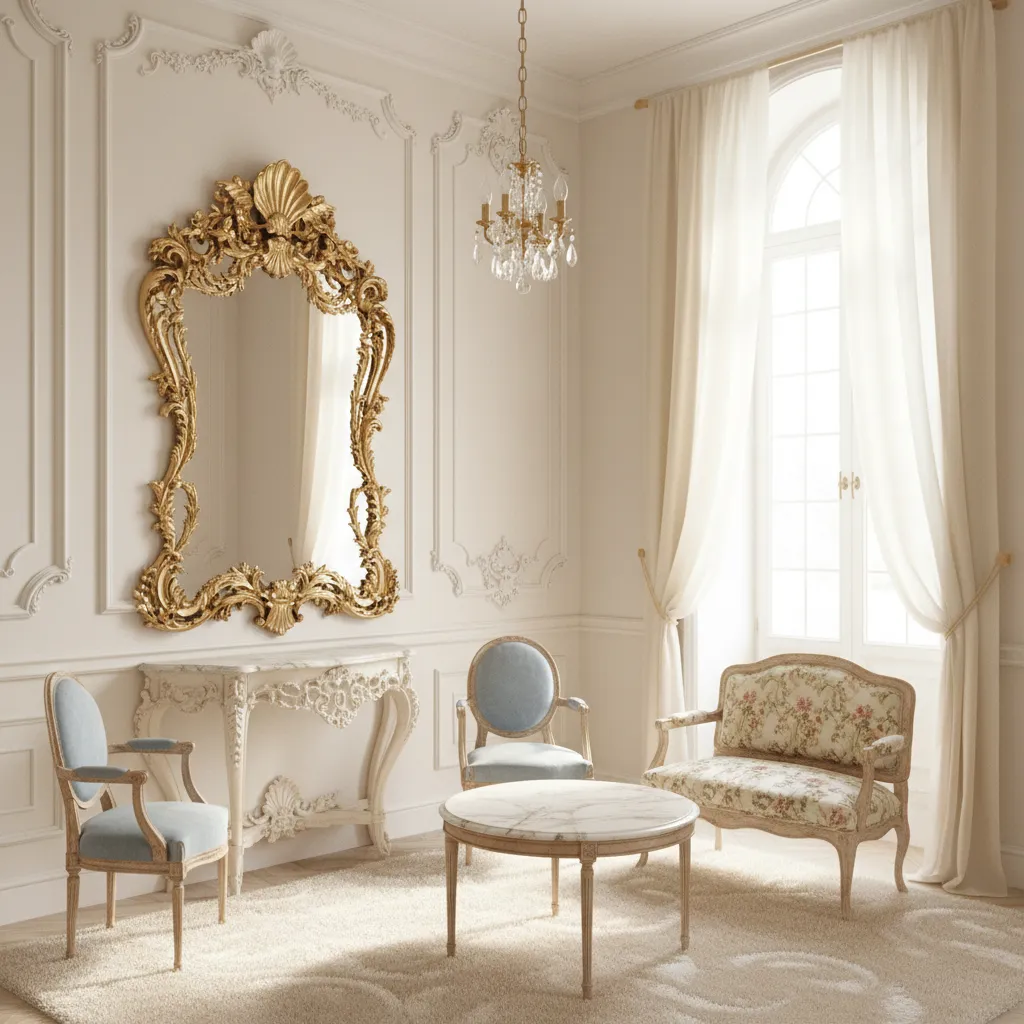 Ornate rococo mirror reflecting light in a small pastel living room