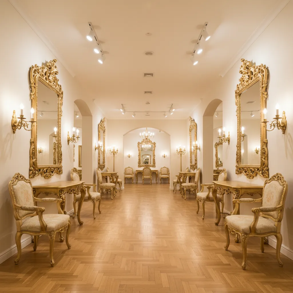 Showroom displaying Rococo reproduction furniture with ornate chairs and carved tables
