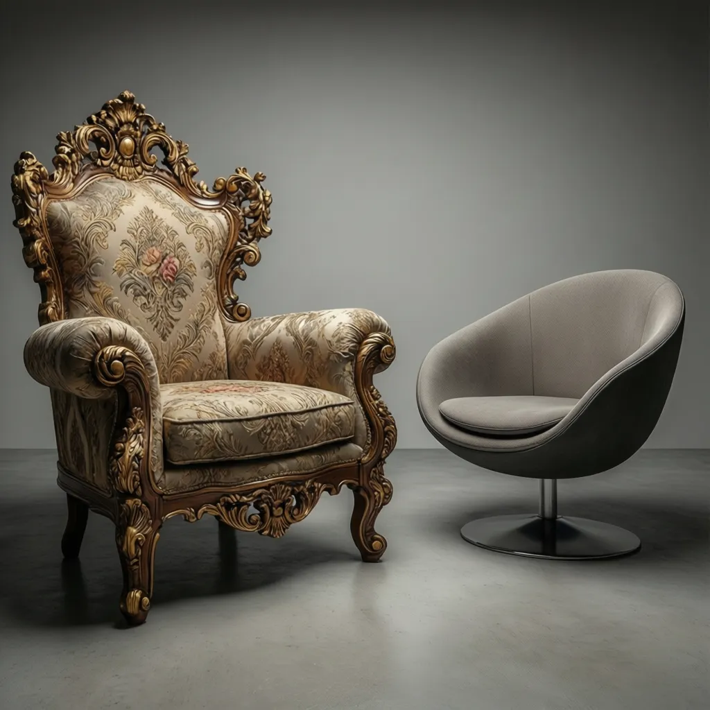Comparison of ornate rococo carved chair and modern curved furniture alternative