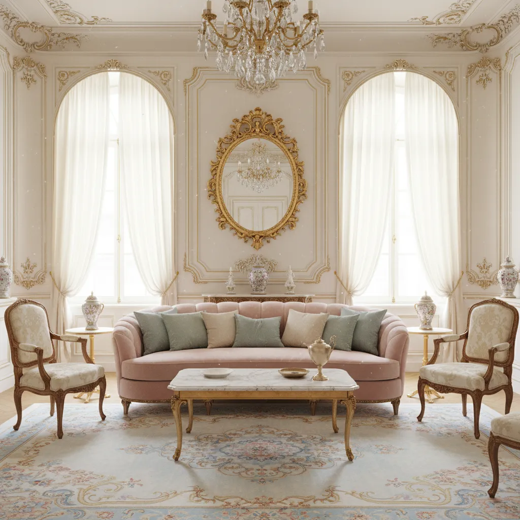 Elegant Rococo style living room with pastel palette and curved furniture