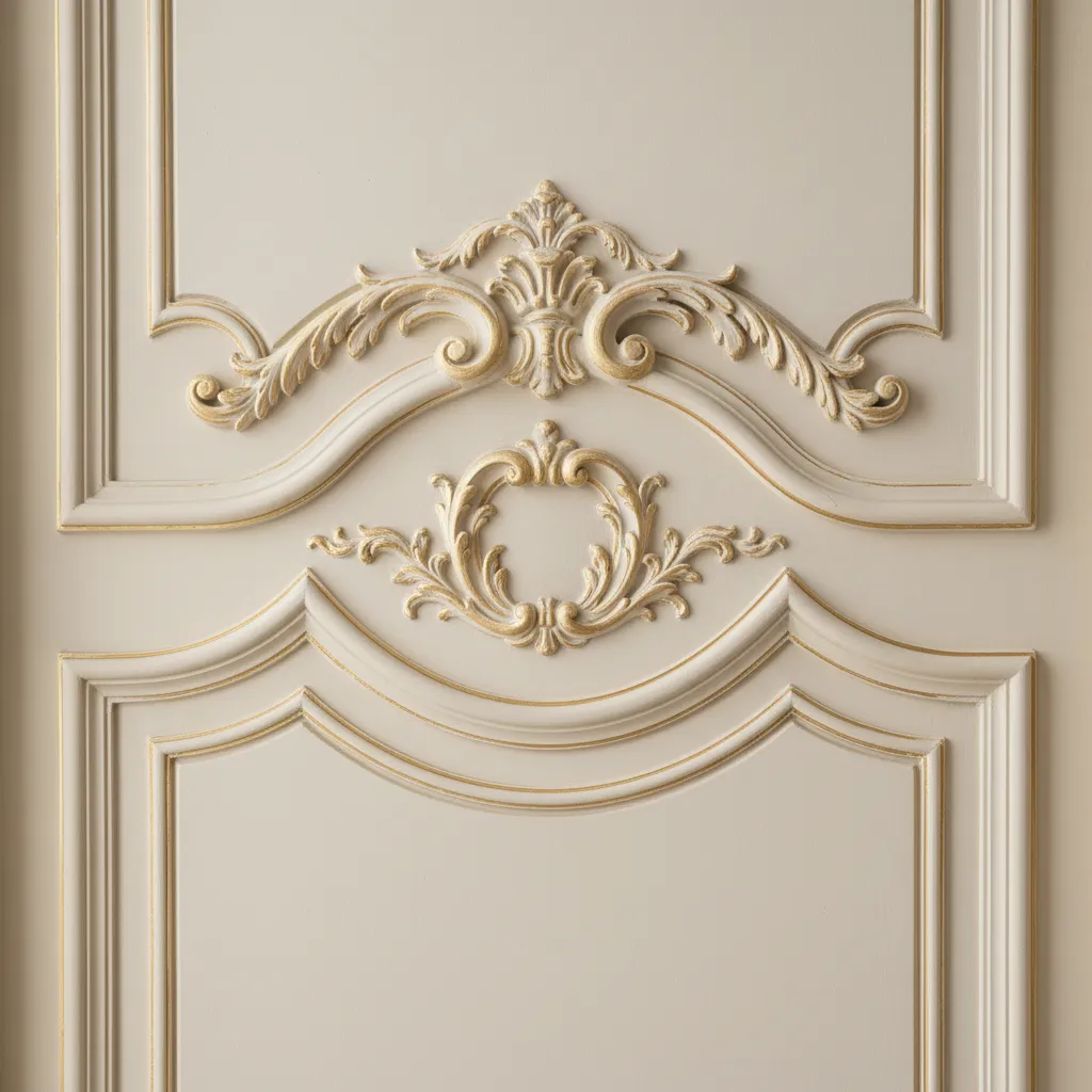 close view of decorative rococo wall molding with pastel paint and gold accents