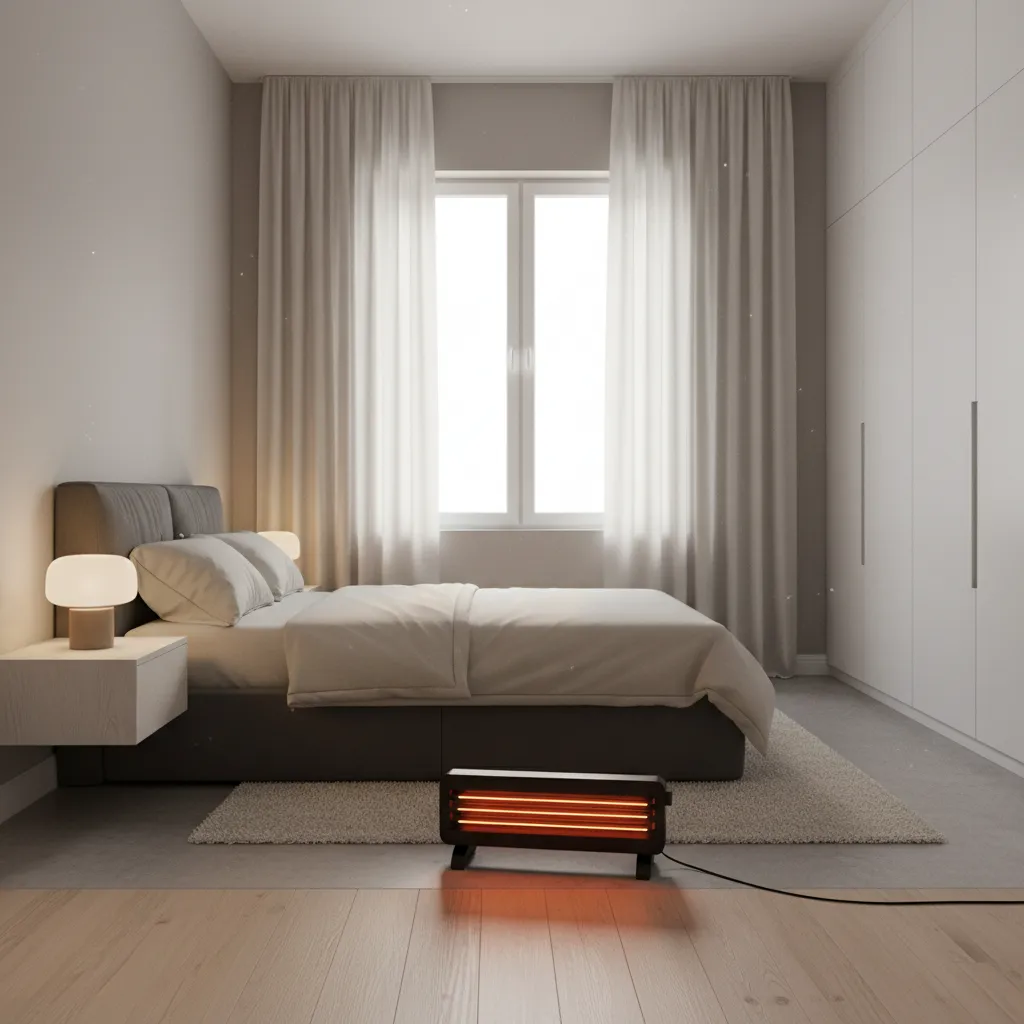 rod heater placed safely in a small bedroom with clear space around furniture