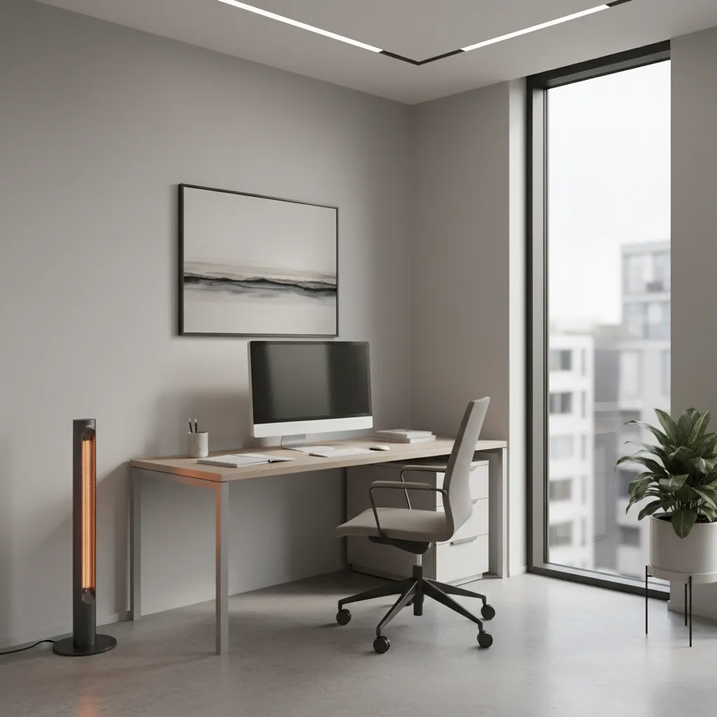 Portable rod heater warming a compact office workspace