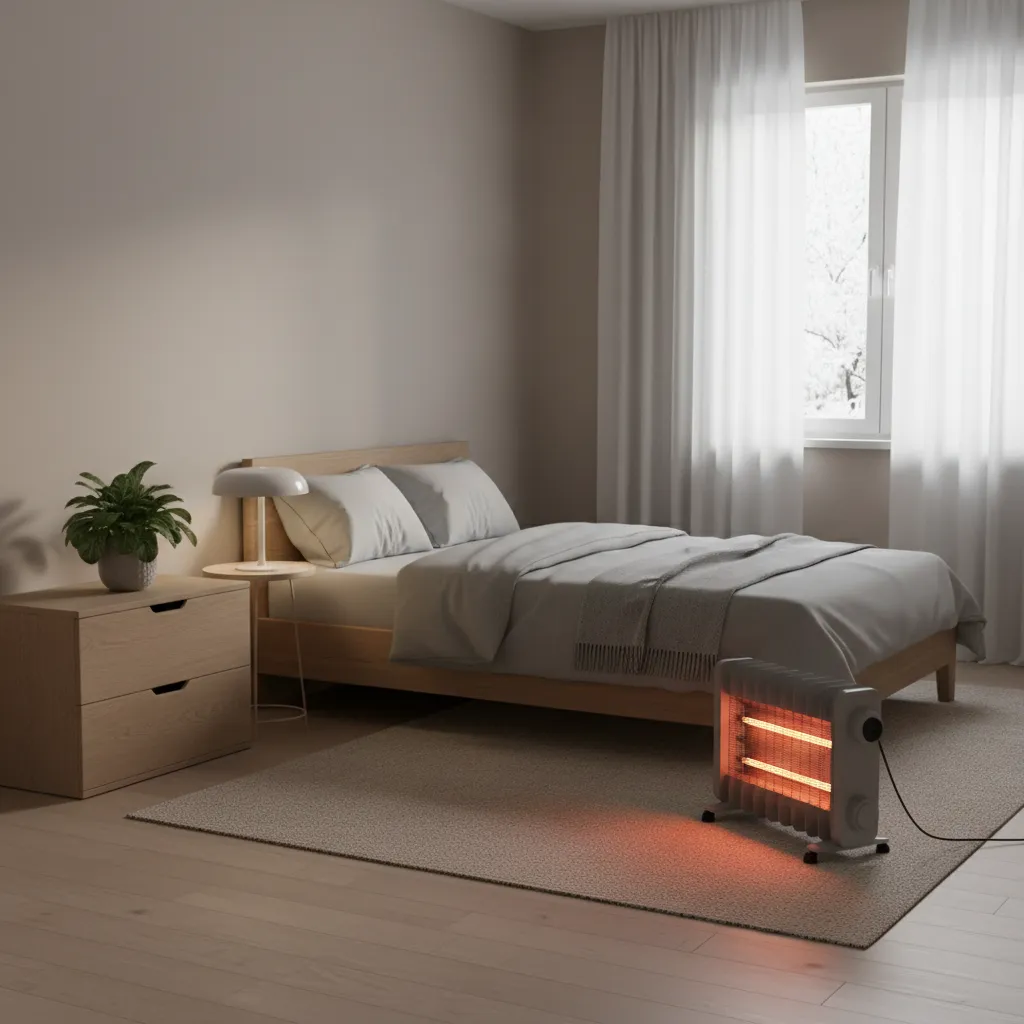 portable rod heater heating a small bedroom space