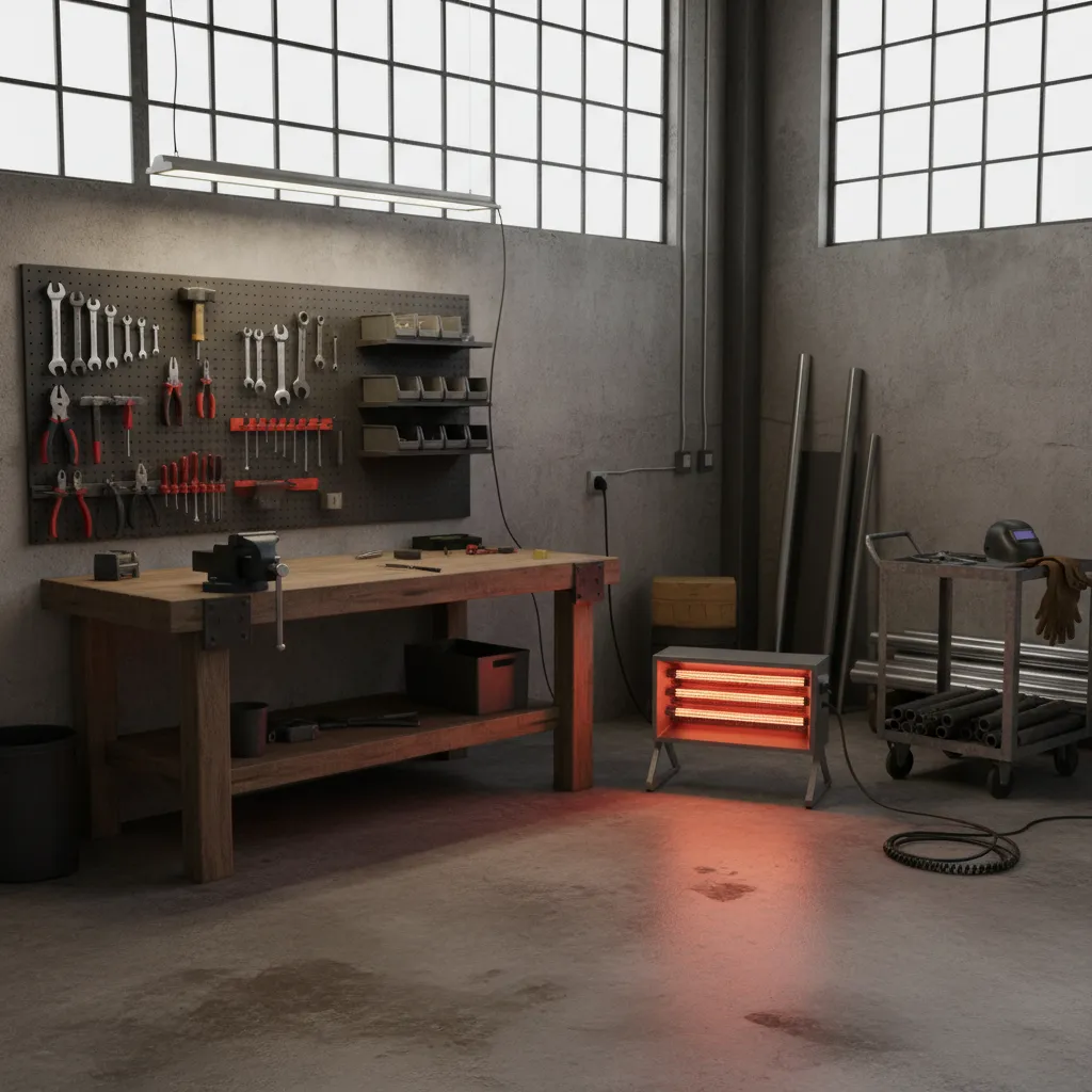 Rod heater warming a small workshop workstation