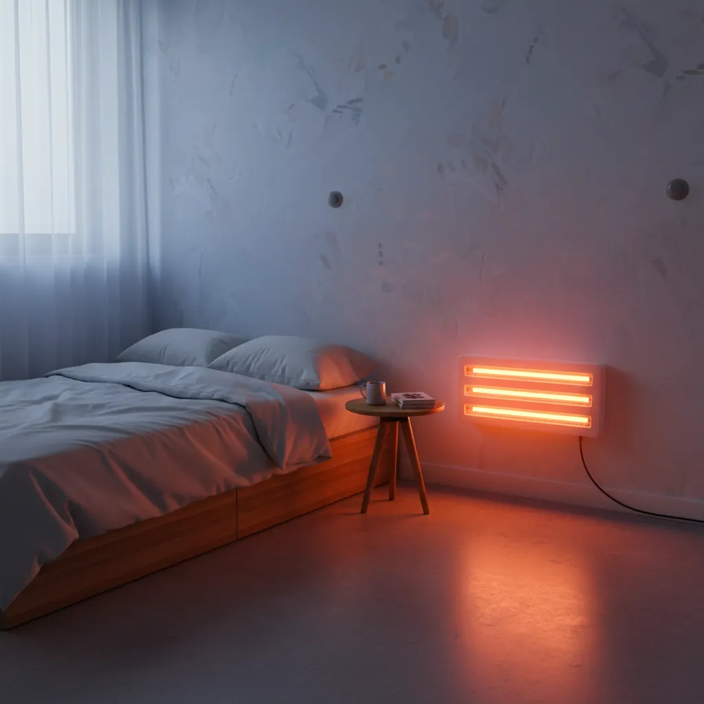 rod room heater heating a compact bedroom corner