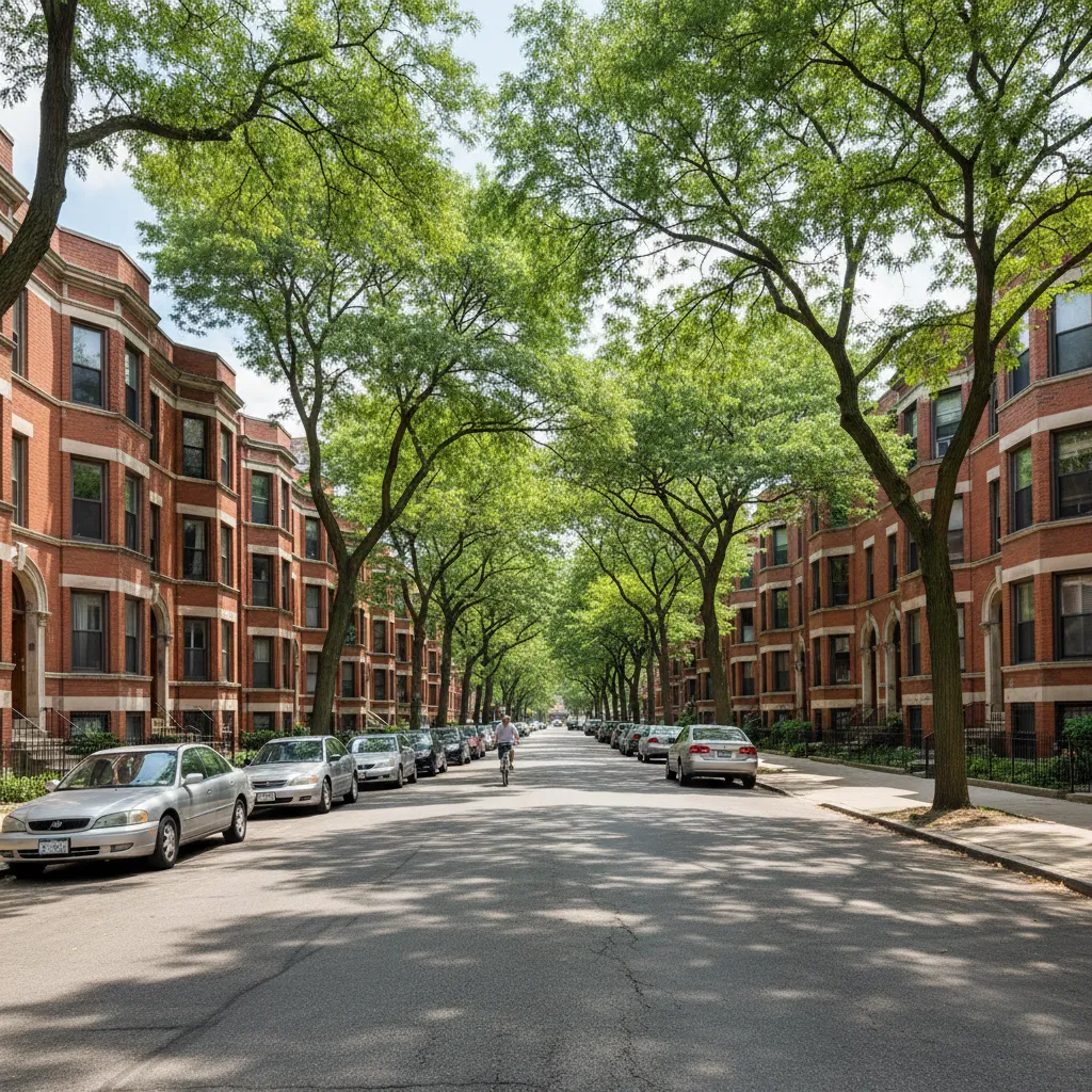 Rogers Park Chicago street with older apartment buildings popular for roommate rentals