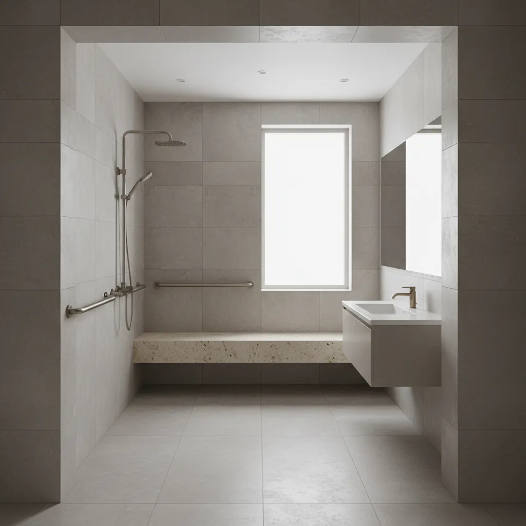 Curbless roll in shower with grab bars and bench in universal design bathroom