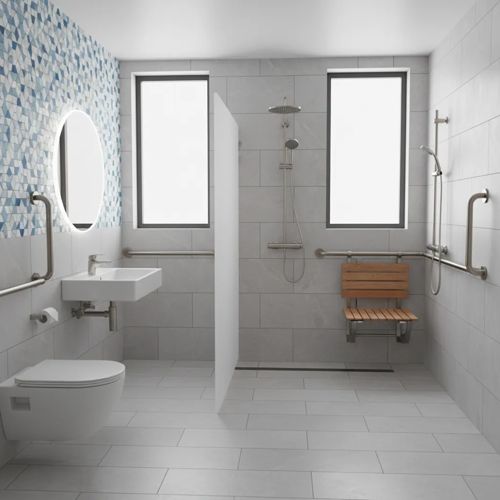 Modern accessible bathroom with roll in shower design and wheelchair clearance