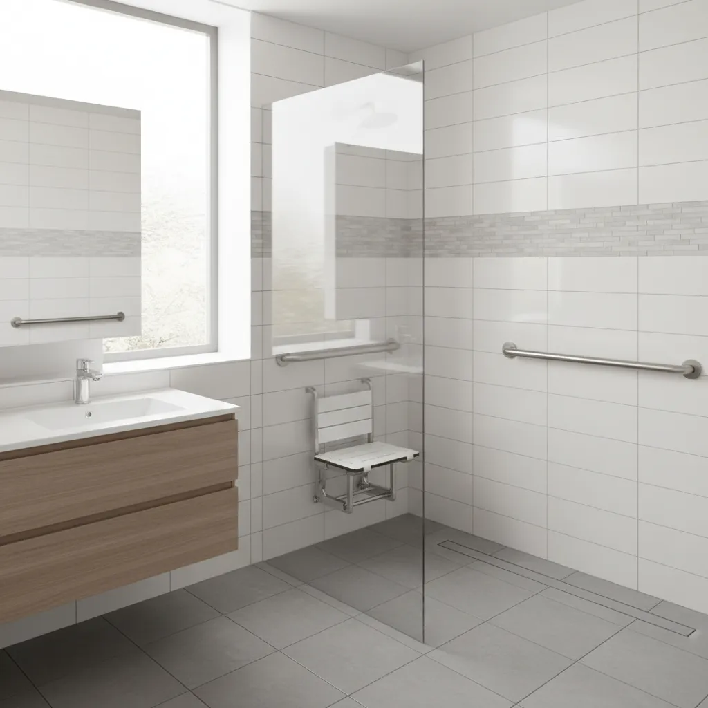 small bathroom roll in shower with fold down seat and grab bars