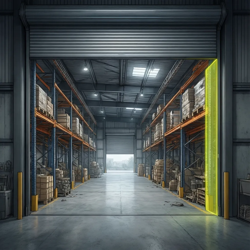 diagram showing clearance zones around a roll up door in a warehouse layout
