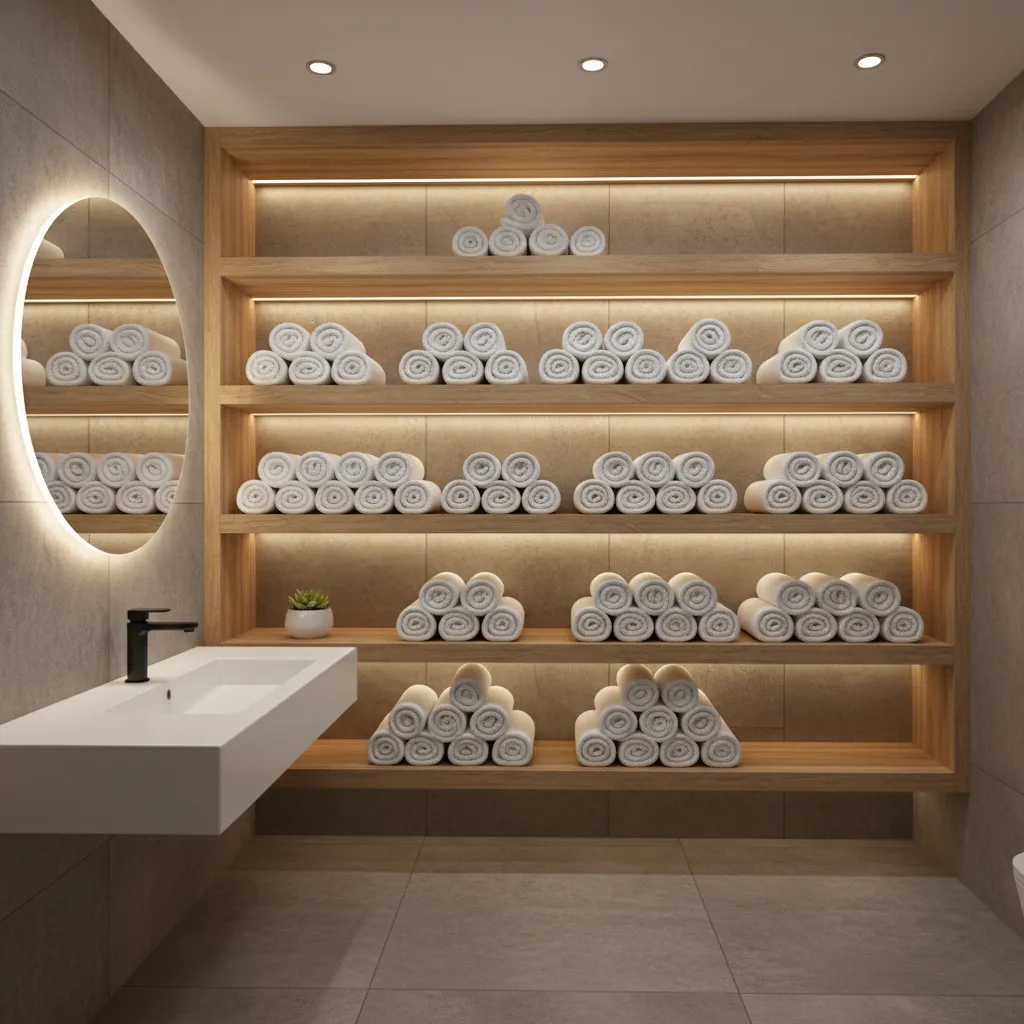 Rolled spa towels arranged on open wooden bathroom shelves