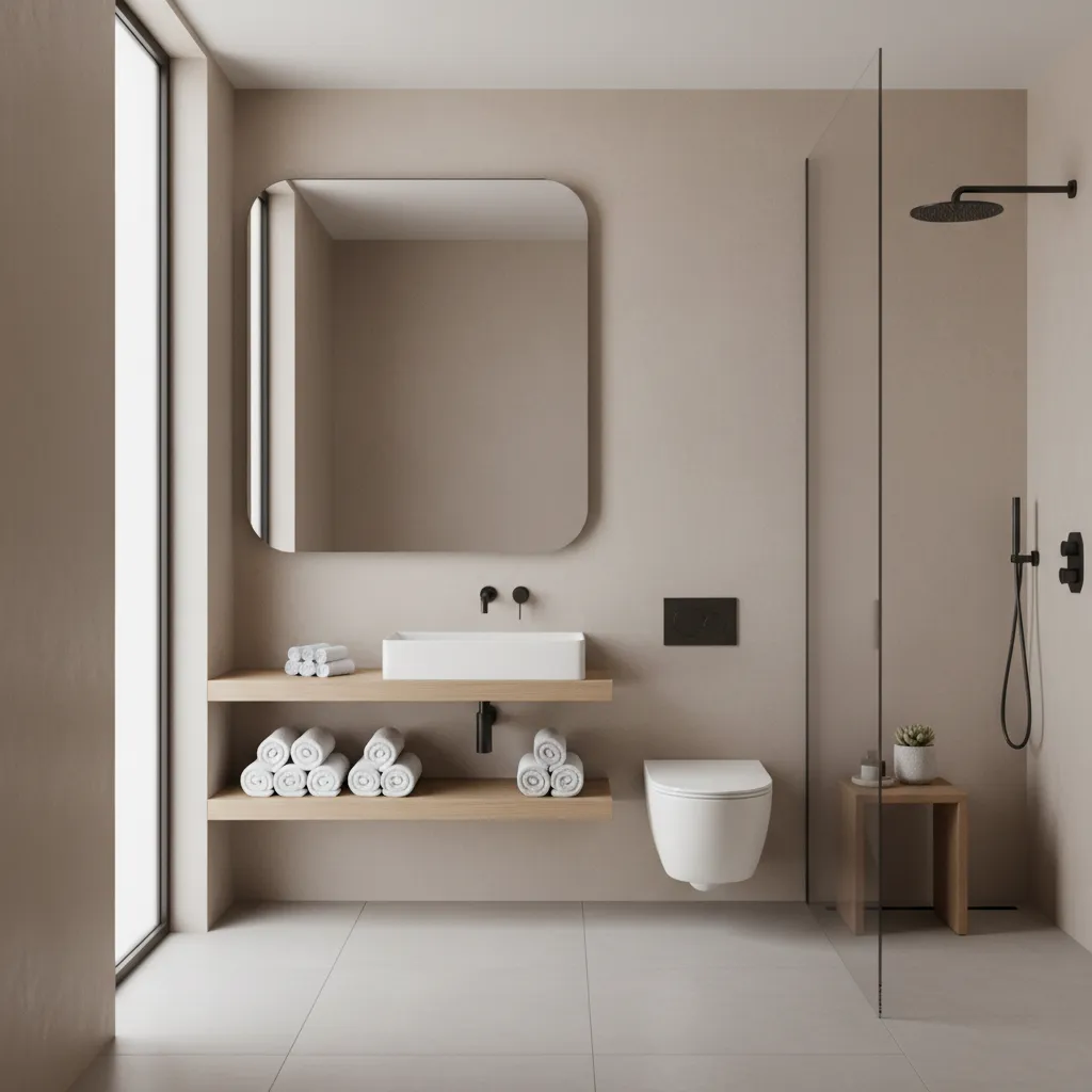Small bathroom shelf with tightly rolled towels for space saving