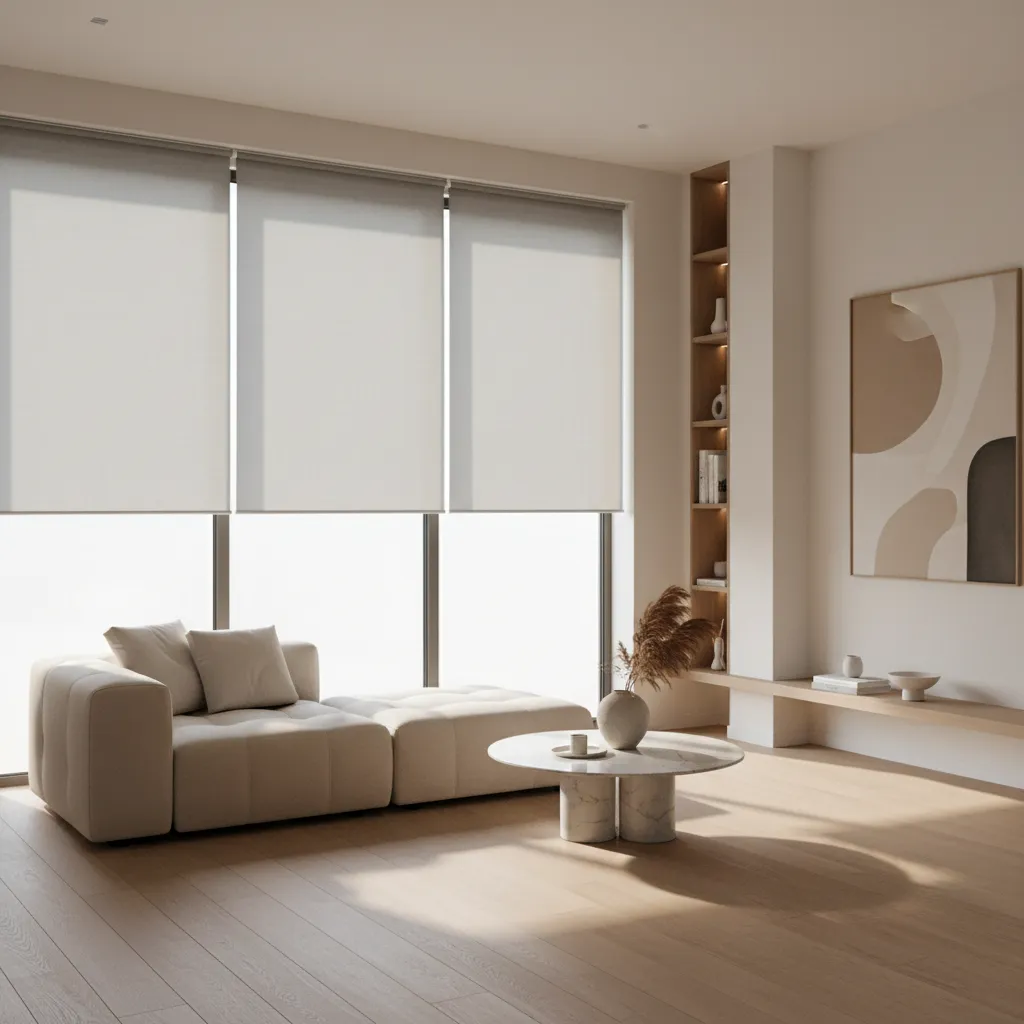 Persianas enrollables filtrando la luz solar en una sala moderna